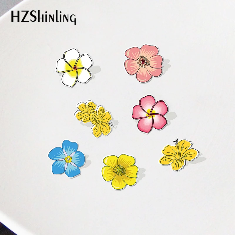 2023 Cartoon Bright Yellow Flowers Hawaiian Plumeria Acrylic Collar Pin Pattern Anime Acrylic Lapel Pins Resin Acrylic Epoxy