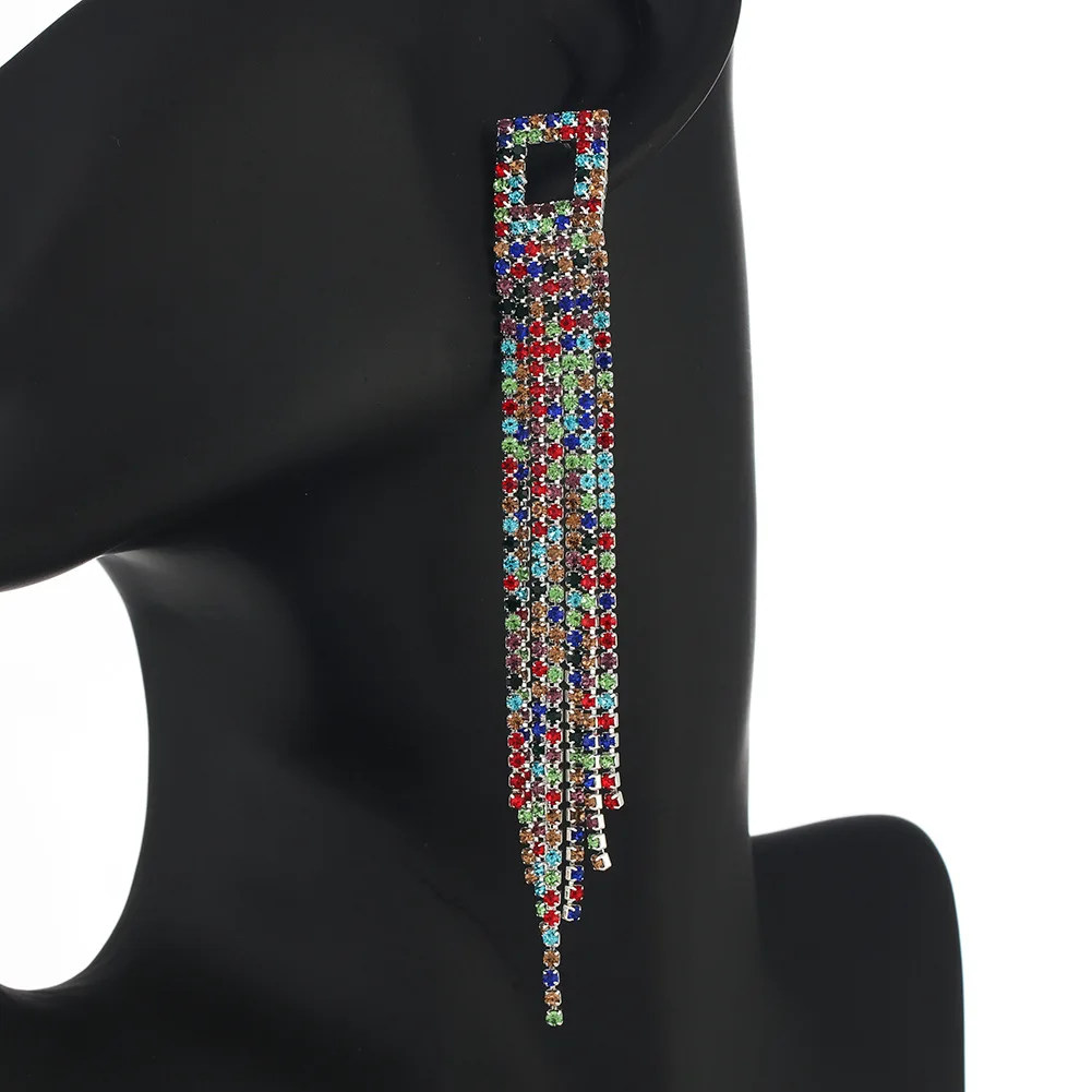 

Long Multi Drainage Diamond Tassel Ear Pin European and American Fashion Evening Dress Earrings Women's High-end Jewelry