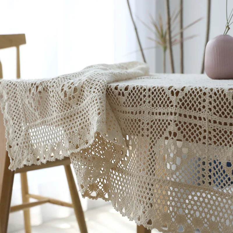 

Hollow Decorative Table Cloth Beige Crochet Tablecloth Tassel Lace Rectangular Dining Table Cover Wedding Room Decor Aesthetic