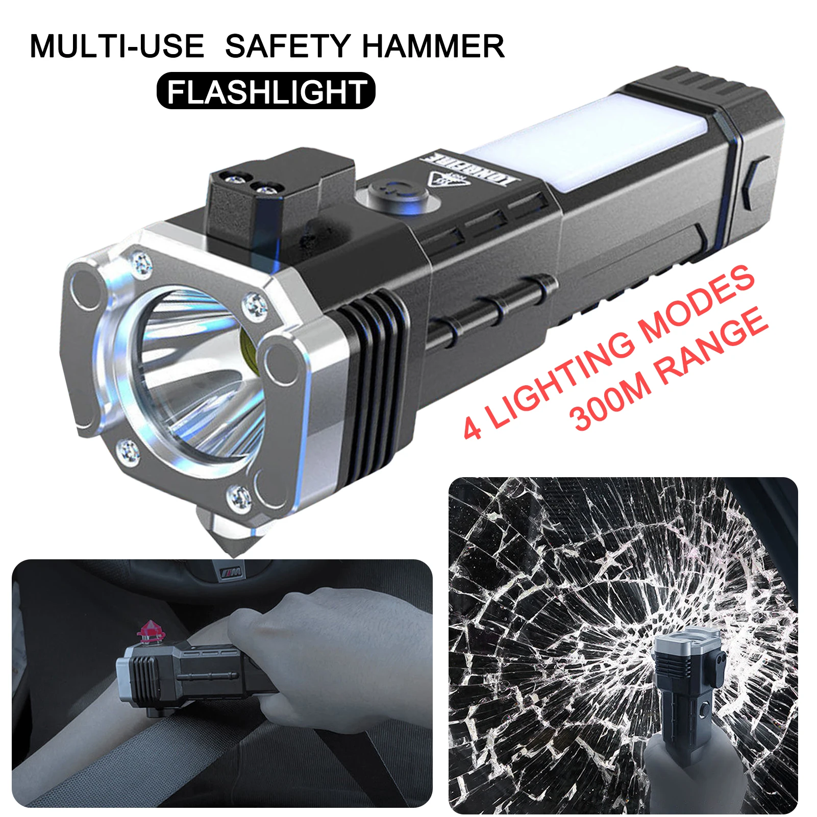 

Car Safety Hammer Flashlight Multi-Use Charging Power Work Light Emergency Fire Self-rescue Breaking Window Car Escape Tool