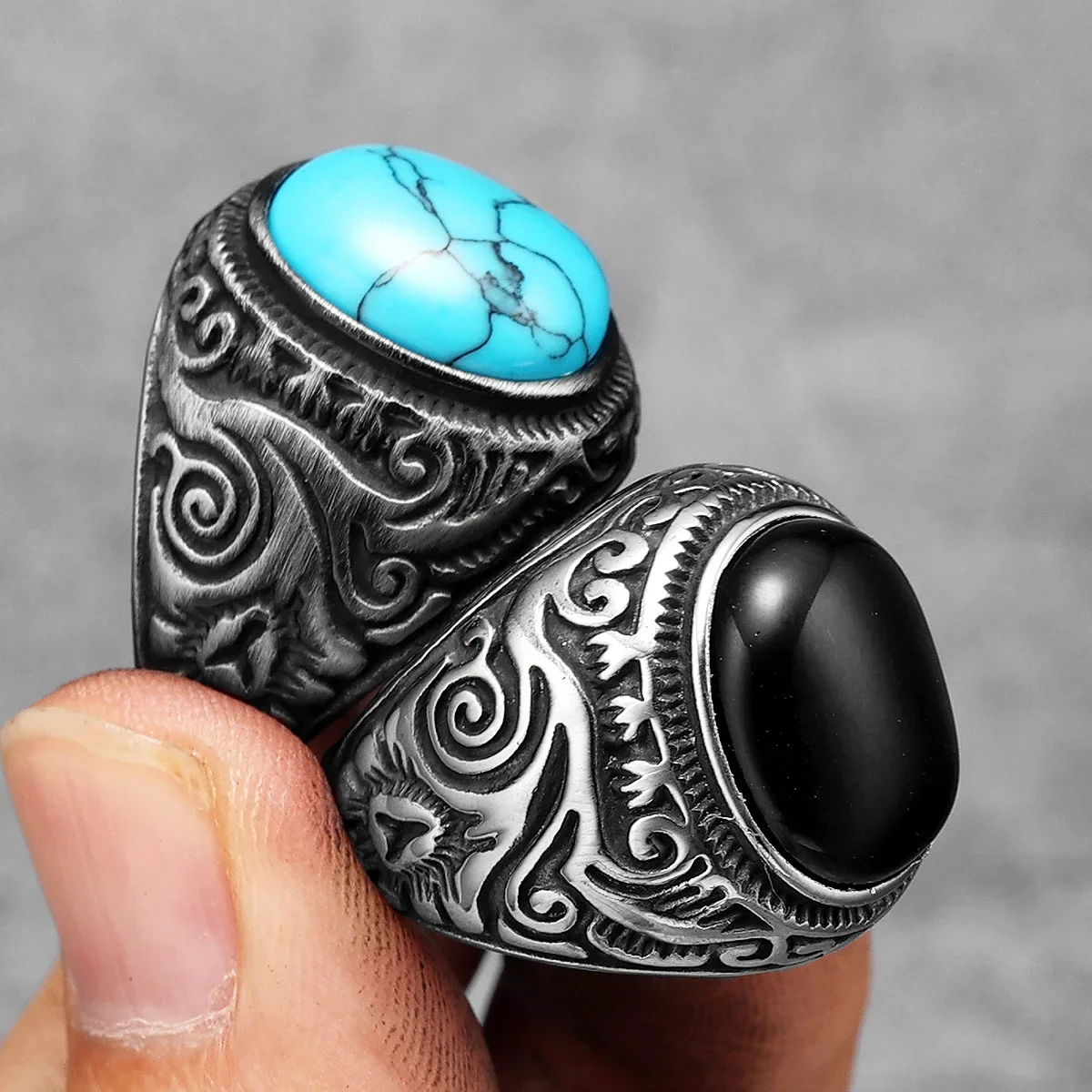 Винтажные черные бирюзовые резные мужские кольца из нержавеющей стали в стиле