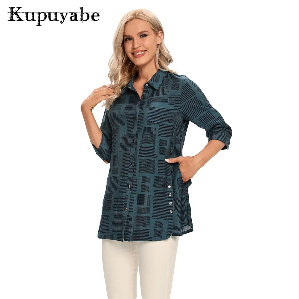 

KUPUYABE Women's Shirt Polyester Striped Shirt 3/4 Sleeve Lapel Tie Button Casual Breathable Top