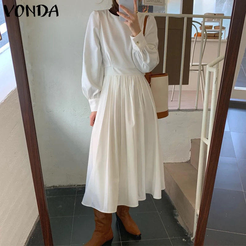

Women Long Sleeve O Neck Plain Dress VONDA Casual High Waist A-line Pleated Dresses Autumn Midi Vestidos Oversize Sundress 2022