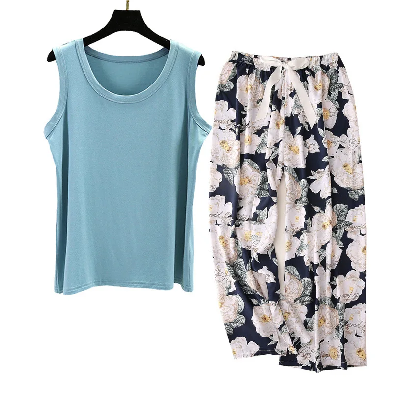 Women's Homewear Pajamas Set Sleeveless Long Pants Flower Print Fashion Pyjama Big Size Cozy Cotton PJS