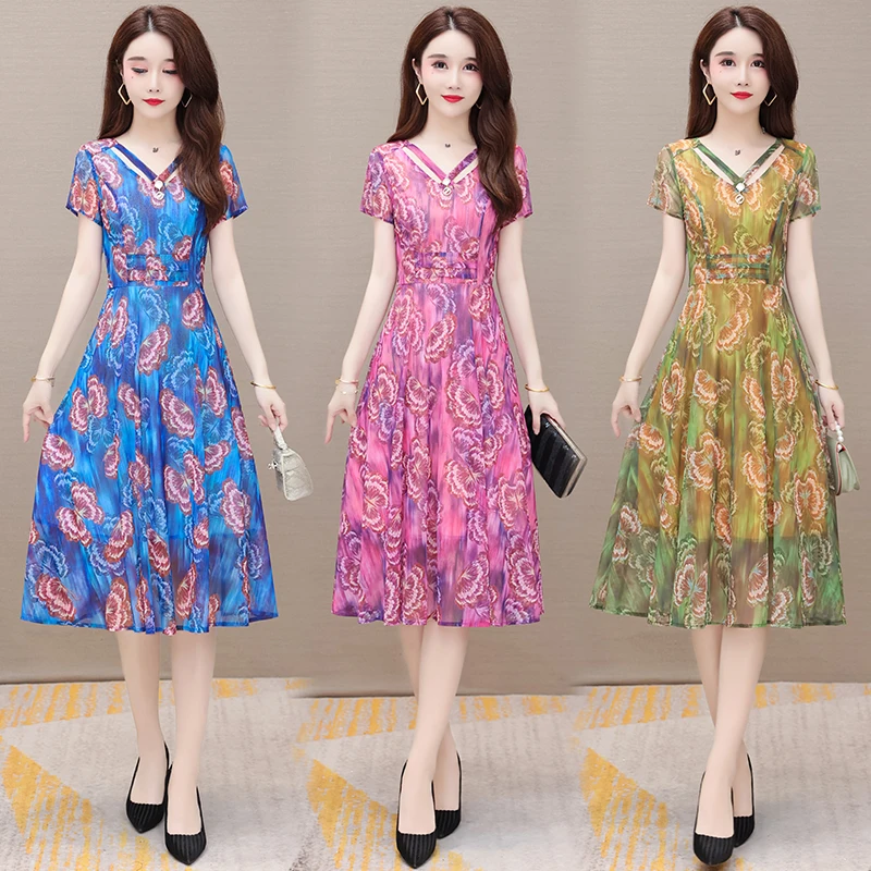 

Women's Dresses 2022 New Fashion Short Sleeve Floral Print High Waist Blue Purple Green Dress Dropshipping