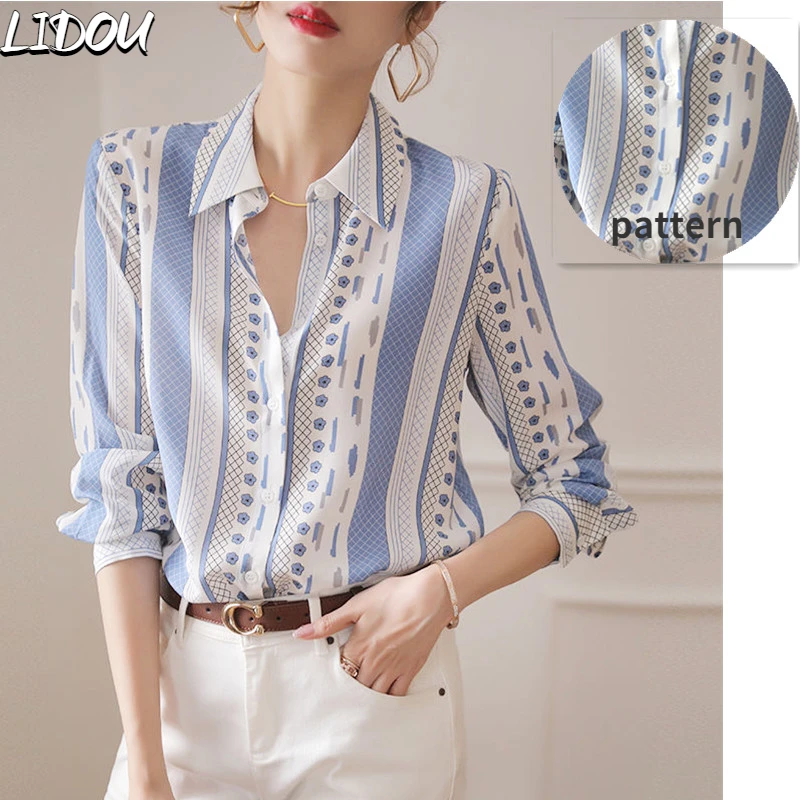 Spring New Contrast Color Blue and White Vertical Chiffon Shirt Long Sleeve Design Blouse for Female Korean Style Design Shirt