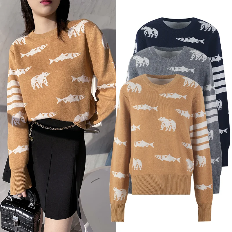 

30 wool high-end college style four-bar fish bear jacquard animal TB shirt sweater long-sleeved pullover