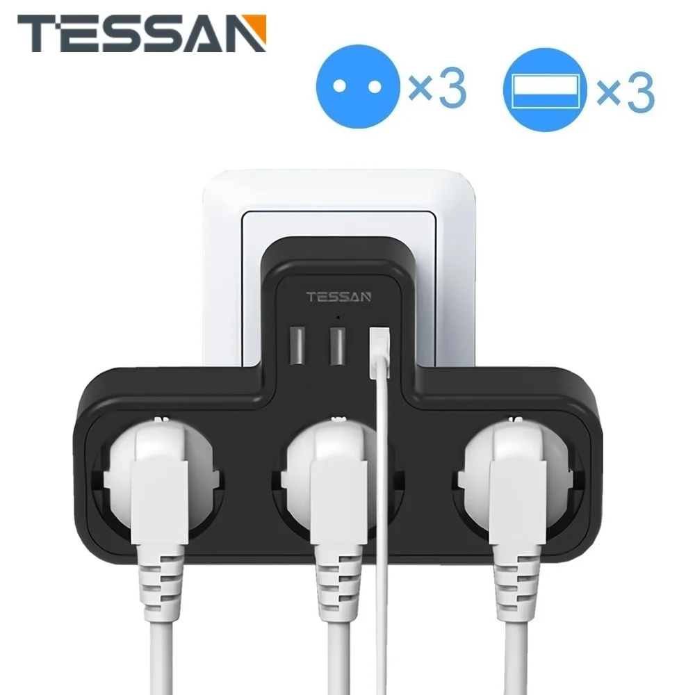

3-сторонняя розетка TESSAN с защитой от перенапряжения USB, переходник 6-в-1 с 3 USB-портами 5 В/2,4 А для смартфонов, ноутбуков, камер