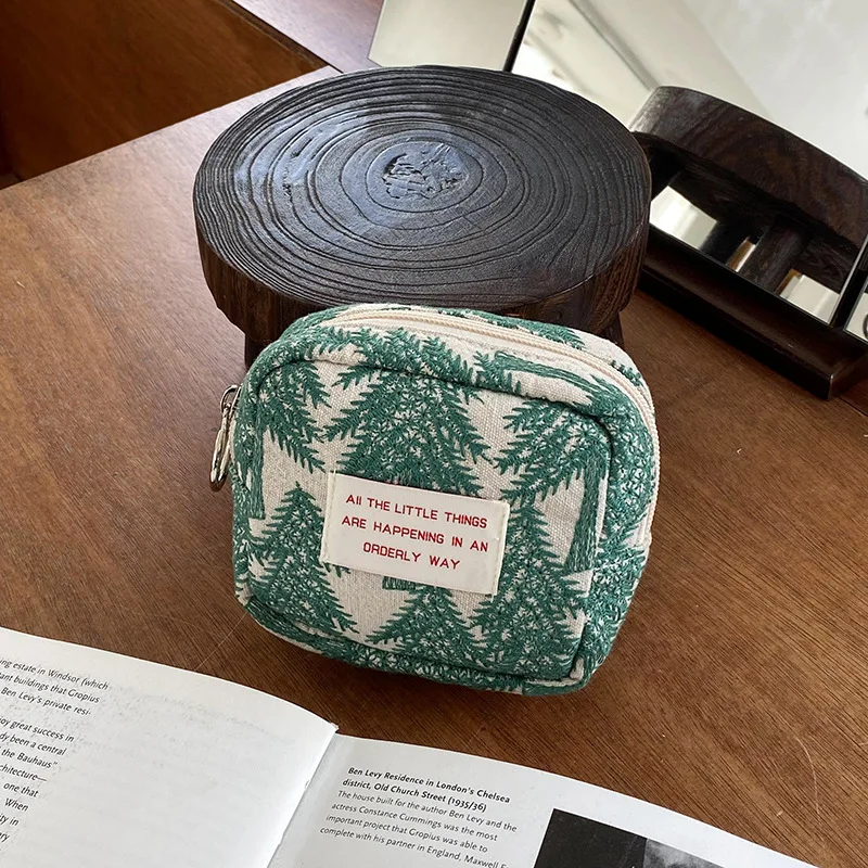 

Green Tree Key Bag Wallet Zipper Women Cotton Canvas Makeup Pouch Mini Purse Cosmetic Bags Makeup Bag