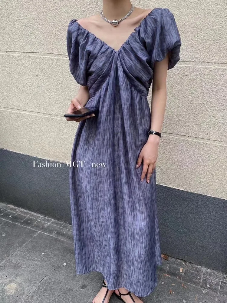 

Women's Summer High-class Long V Neck Dress Vintage Puff Sleeve Slim Waist Folds Midi Sundress 2023