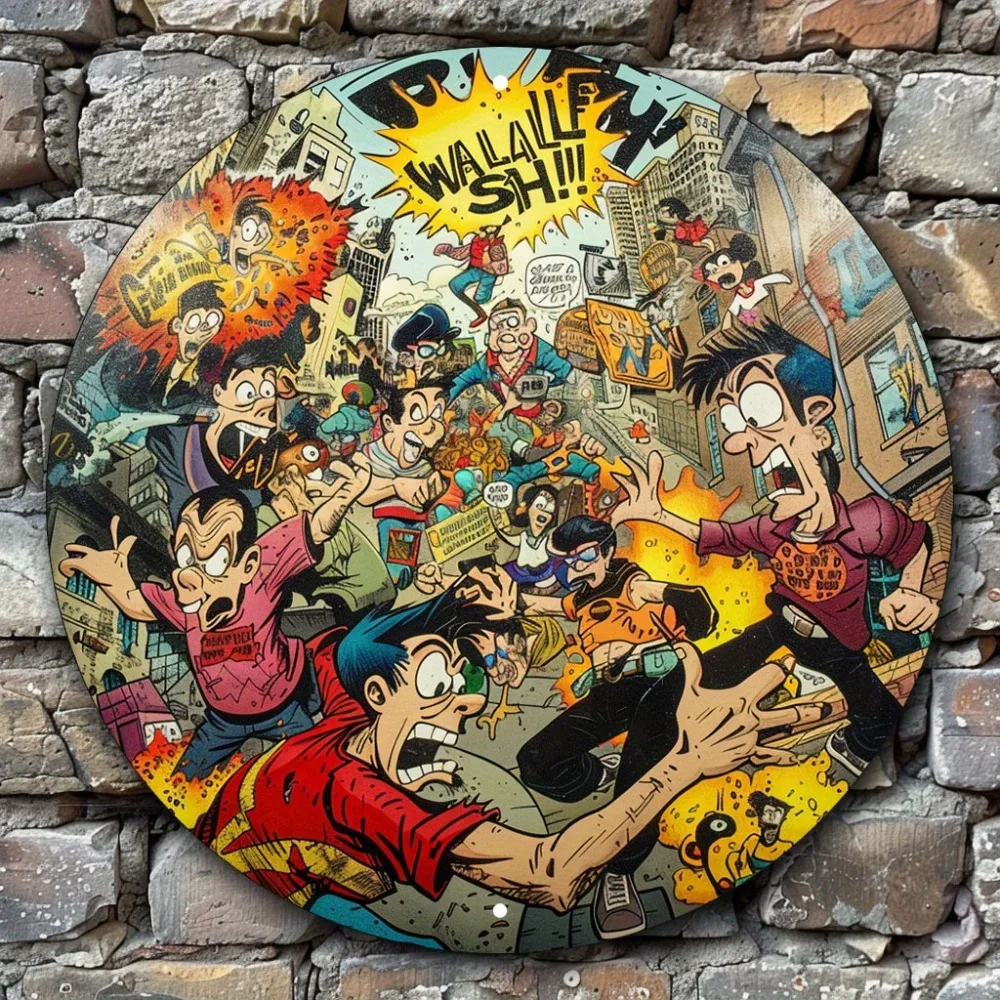 zywała grafika ścienna z komiksowymi paskami: dekoracyjny obraz okrągłymi metalowymi etykietami idealny na urodziny święta panieński