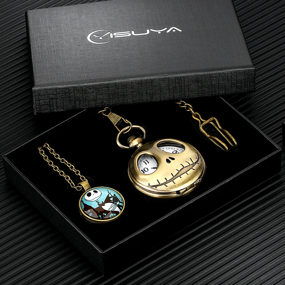 Retro Skull Punk Chain Necklace Quartz Pocket Watch Set Pendant Bronze Jewelry Gift Box Fob Necklace Watches for Men Women Kids