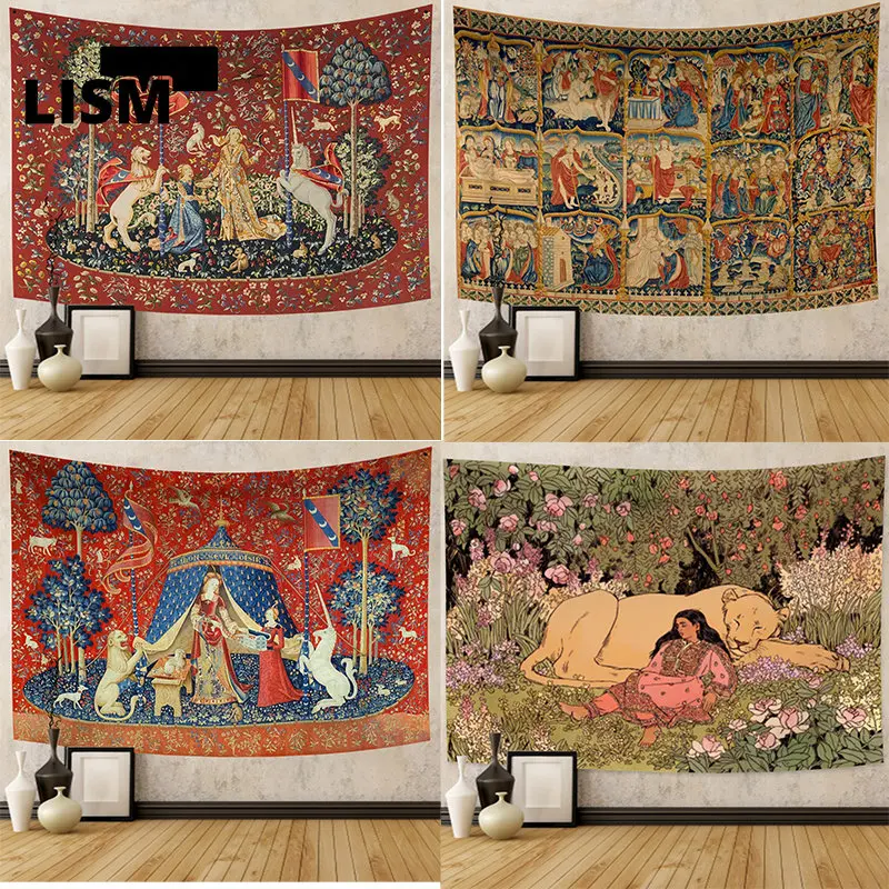 

Medieval Lady and The Unicorn Tapestry Wall Hanging Multifunction Bedroom Background Wall Cloth Home Decor Dorm Print Tapestries
