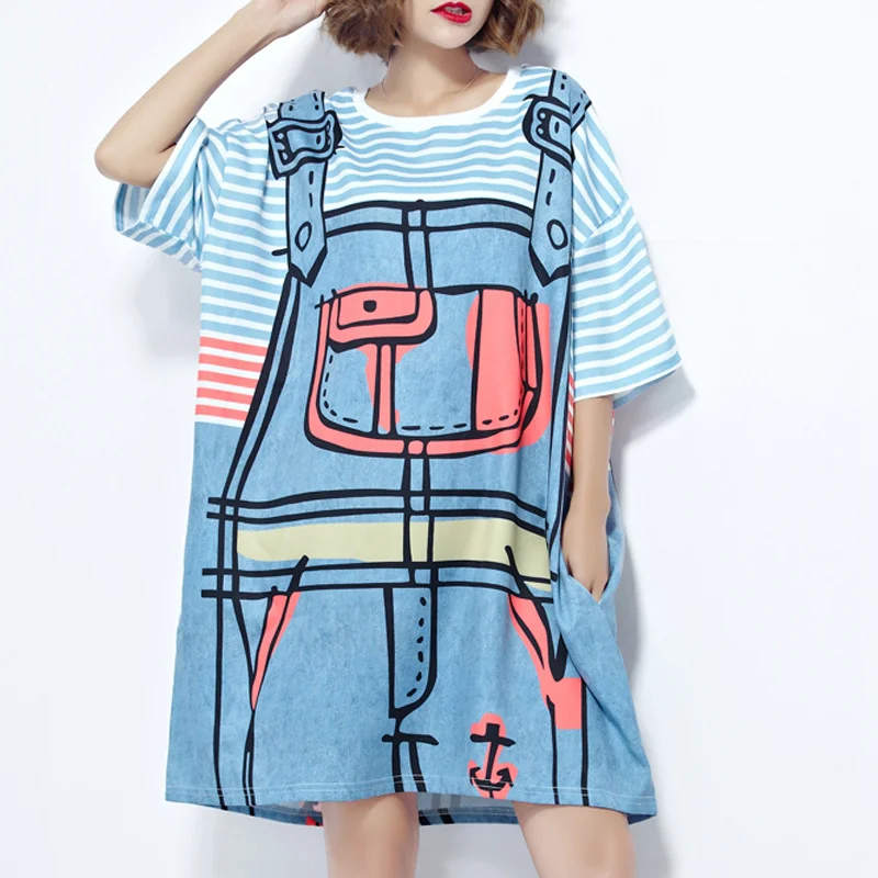 

Large Women's Size Hip Hop European Ladies Pattern Fake two pieces Dress Print Character O-Neck T-shirt