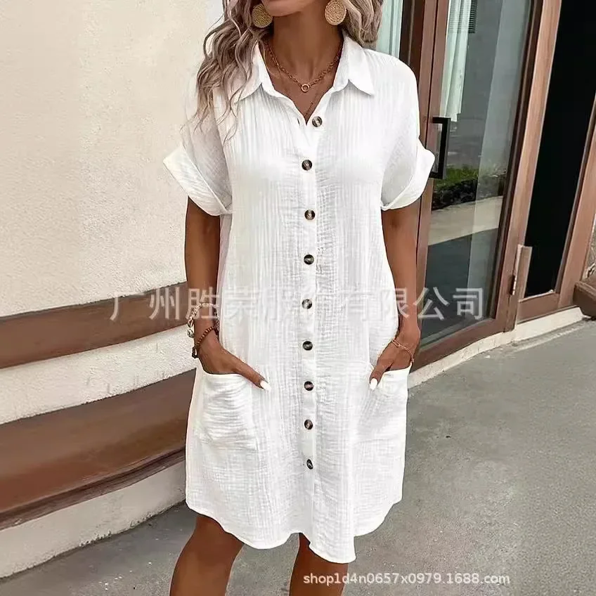 Женская одежда однотонная летняя однобортная мини-платье с короткими рукавами