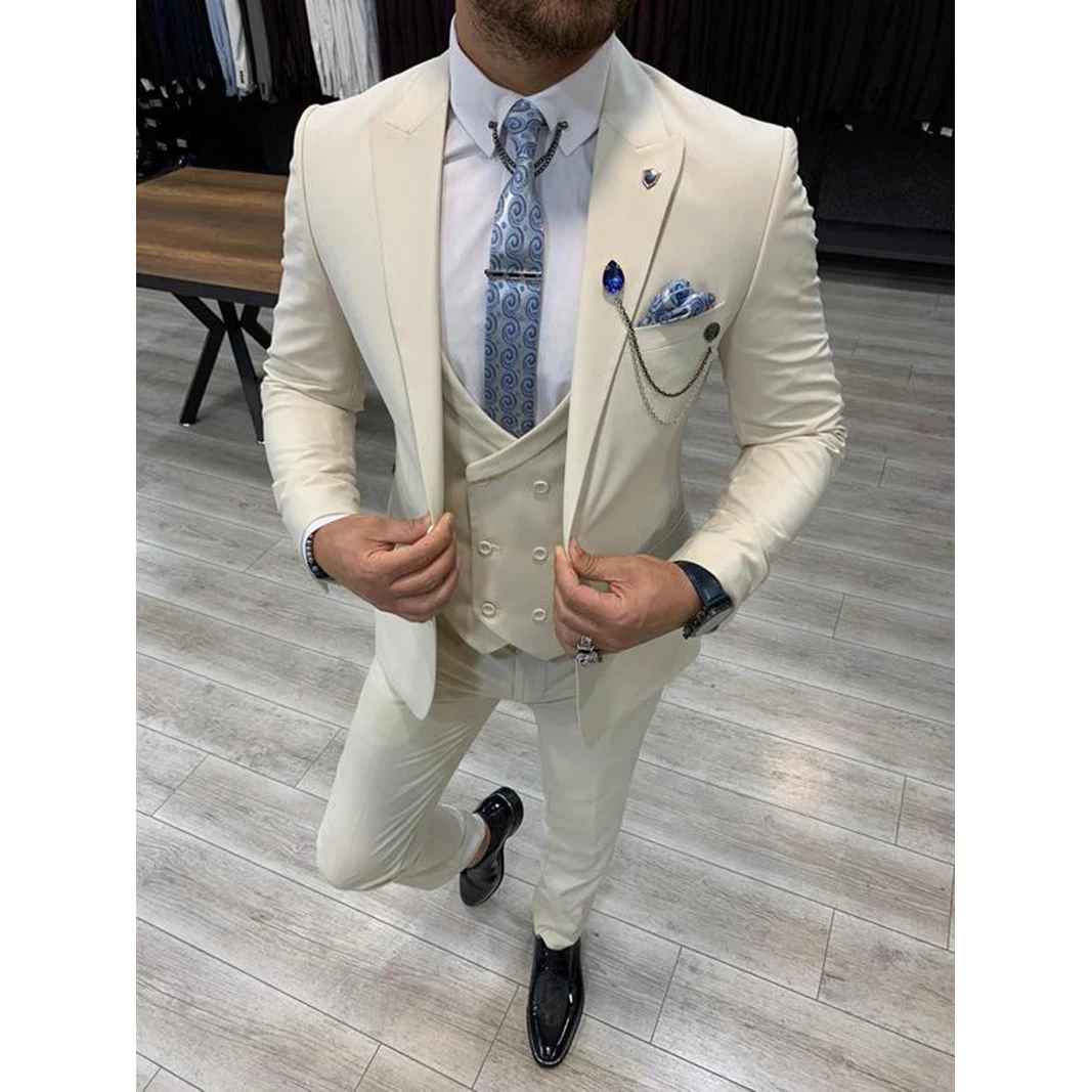 

New Arrival 3 Pieces Ivory Two Button Mens Suit Slim Fit Tailor Made Groom Wear Wedding Business Blazer (Jacket+Vest+Pants)