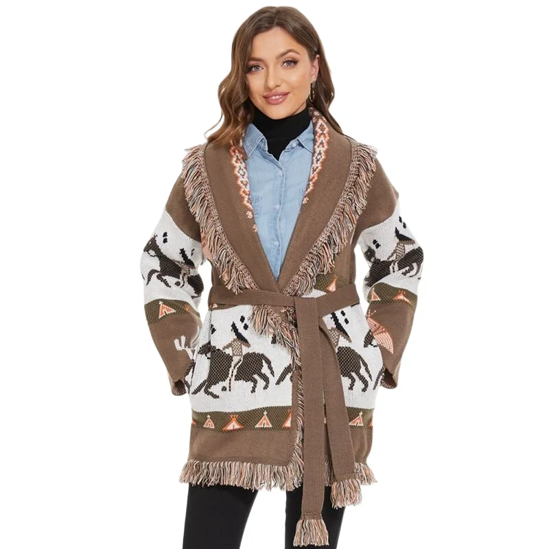 

Jastie Retro Tassel Lapel Long-sleeved Autumn And Winter Sweater Coat Bohemian Jacquard Loose Knitted Cardigan Jacket Sweater