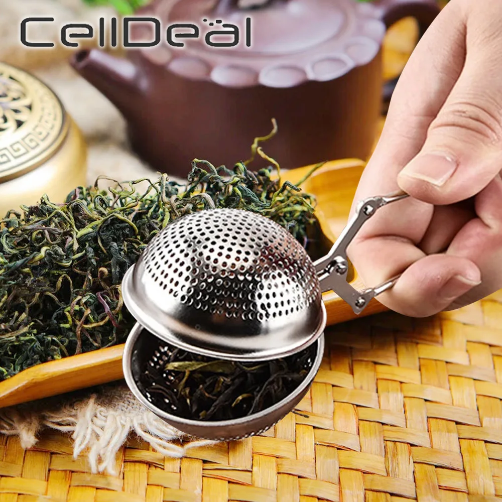 

Round Punching Tea Leaker 304 Stainless Steel Rattle Bell Clip Handle Filtertea Flavor Treasure Halogen Material Soup Accessorie