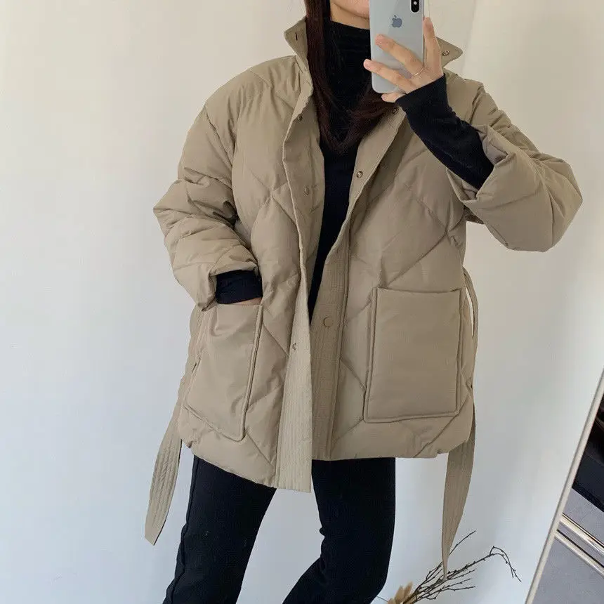 

Women Solid Thick Parkas White Black Padded Coat Lady Fashion Casual Single-breated Collar Lace Up Jackets 2023 Winter Outerwear