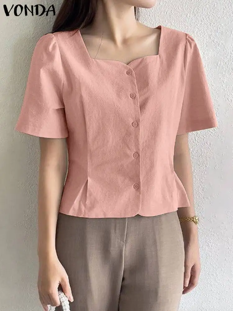

VONDA Elegant Shirts Women Summer Fashion Tops 2023 Casual Loose Short Sleeve Blouse Square Collar Solid Color Oversized Blusas