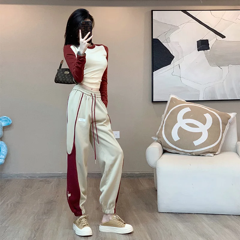 Women's Contrasting Color Sports Suit Two-piece Slim Long Sleeved Sweatshirt Loose Sweatpants Stylish Casual Sportswear