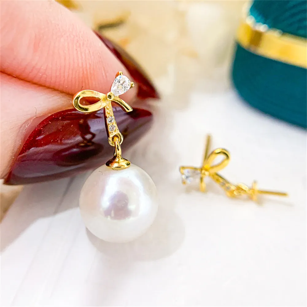 

DIY Pearl Earnail Accessories S925 Sterling Silver Jewelry Bow Tie Earrings Women's Empty Fit 8-12mm Beads