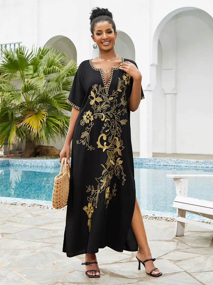 

Black Plus Size Kaftan Dress Women V Neck Slit Embroidered Bikini Cover up Short Sleeve Casual Resort Wear African Robe Q1544
