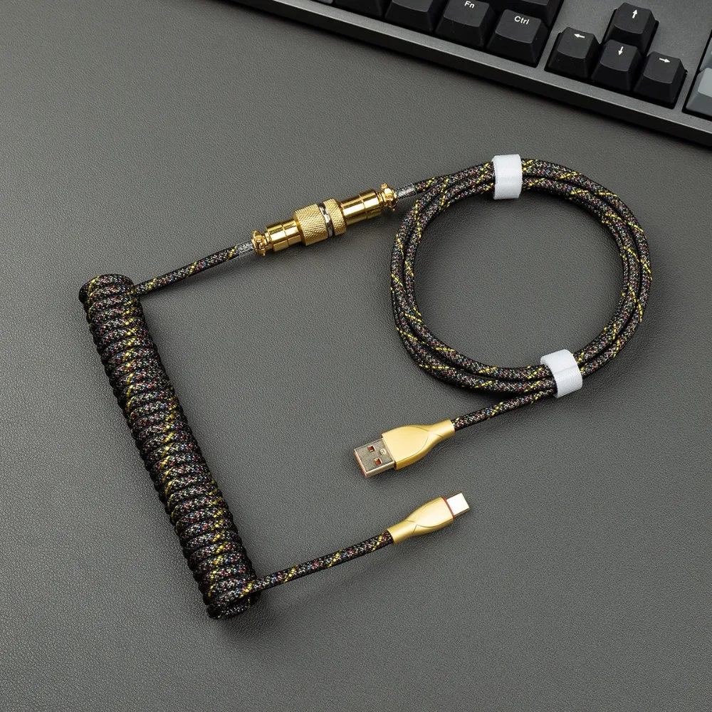 Фото Позолоченный кабель-авиатор USB C к TYPE-A, пружинный провод USB-A Type-C для игр, магнитный переключатель, механическая клавиатура, комплект «сделай сам» №2