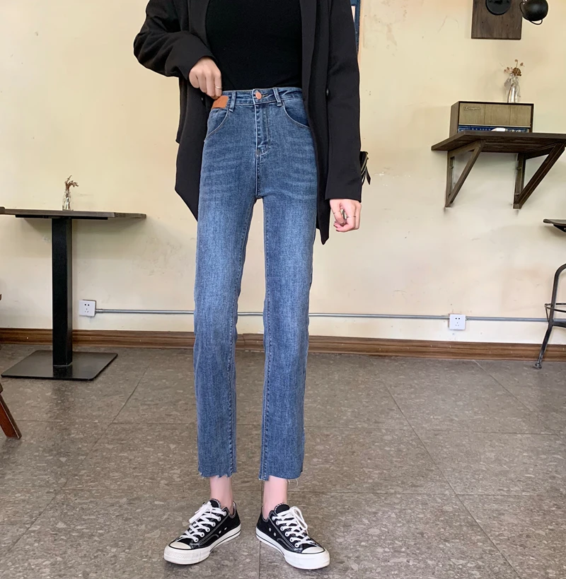 

N4141 New high-waist slim-fit cropped trousers jeans with irregular raw edges and slits