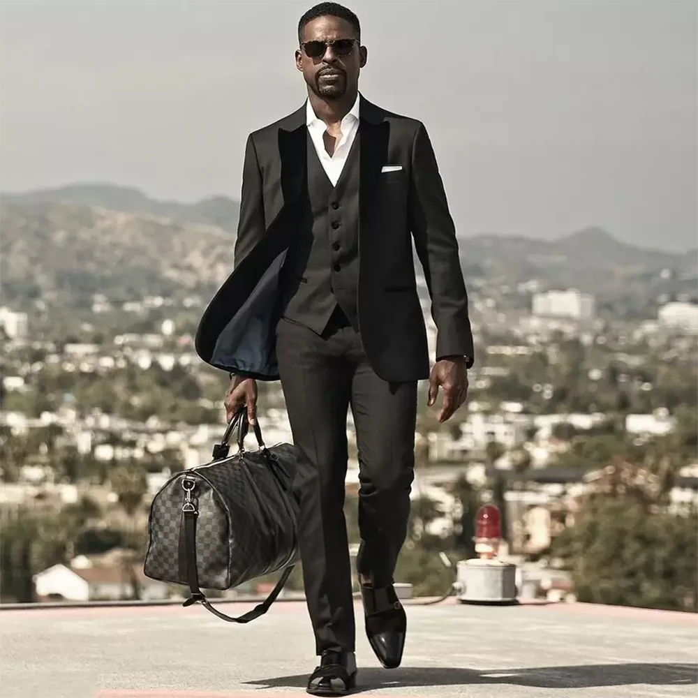 Men Suits Groom Tuxedos Skinny Party Business Casual Jacket Sets Peak Lapel 3 Piece （Blazer + Vest + Pants）Costume Homme