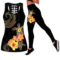 polynesian tattoo turtle combo tank legging yoga pants and hollow tank womens sport vest suits leisure suits