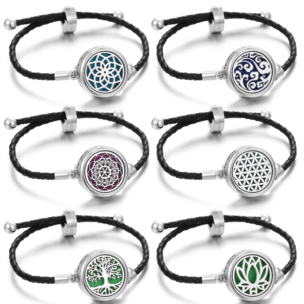 

New Aromatherapy Bracelet Adjustable Black Leather Locket Bracelet Tree of Life Aroma Perfume Essential Oil Diffuser Bracelet