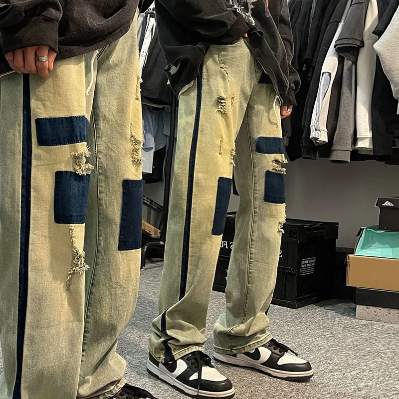 Ripped Patch Baggy Jeans Men's Fashion Retro Casual Straight Jeans Men Streetwear Loose Hip Hop Hole Denim Pants Mens Trousers