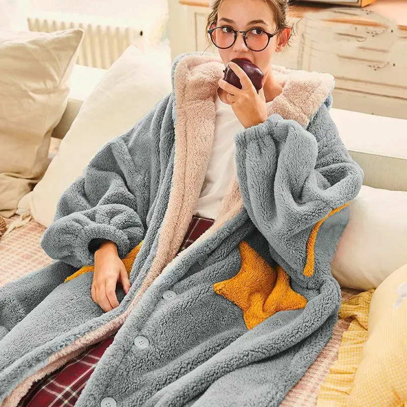 Winter Women Hooded Nightgown Cute Duck Modeling Thick Coral Fleece Sleepwear Robe Loose Flannel Gown Long Nightdress Home Wear