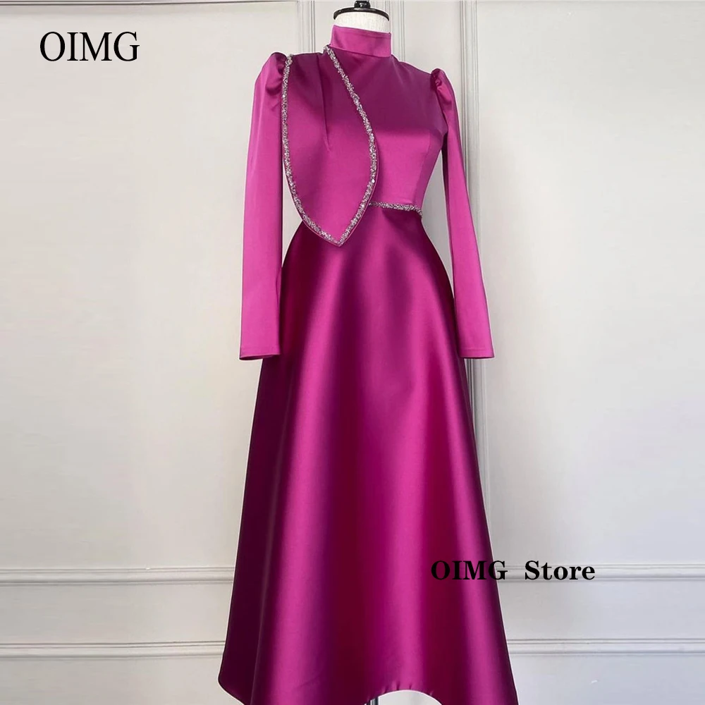 Купи OIMG Modest A Line High Neck Long Sleeves Evening Dresses Beads Sash Floor Length Saudi Arabic Muslim Formal Party Prom Gowns за 4,530 рублей в магазине AliExpress