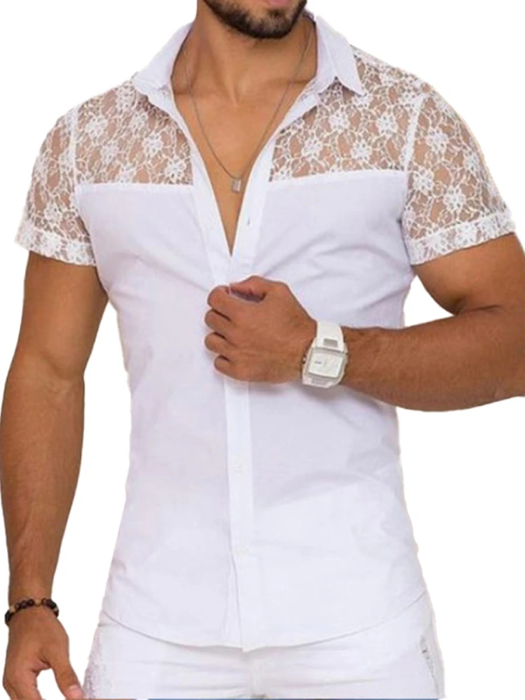 

2022 Men Shirt Lace Mesh Patchwork Lapel Short Sleeve Streetwear See Through Sexy Camisas Summer 2022 Party Men Clothing