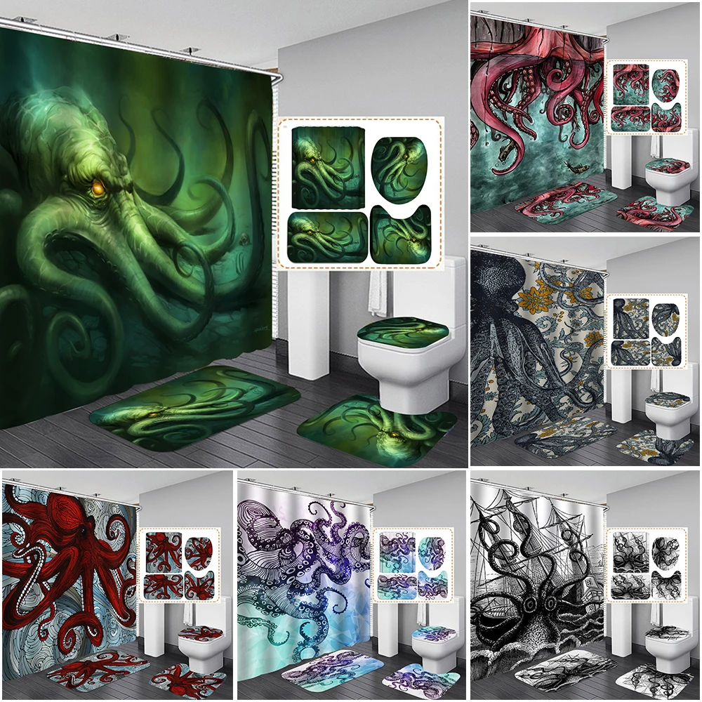 

Ocean Monster Octopus Print Shower Curtain Set Waterproof Bathroom Curtain Set with Rugs Toilet Cover Mat for Bathroom Decor