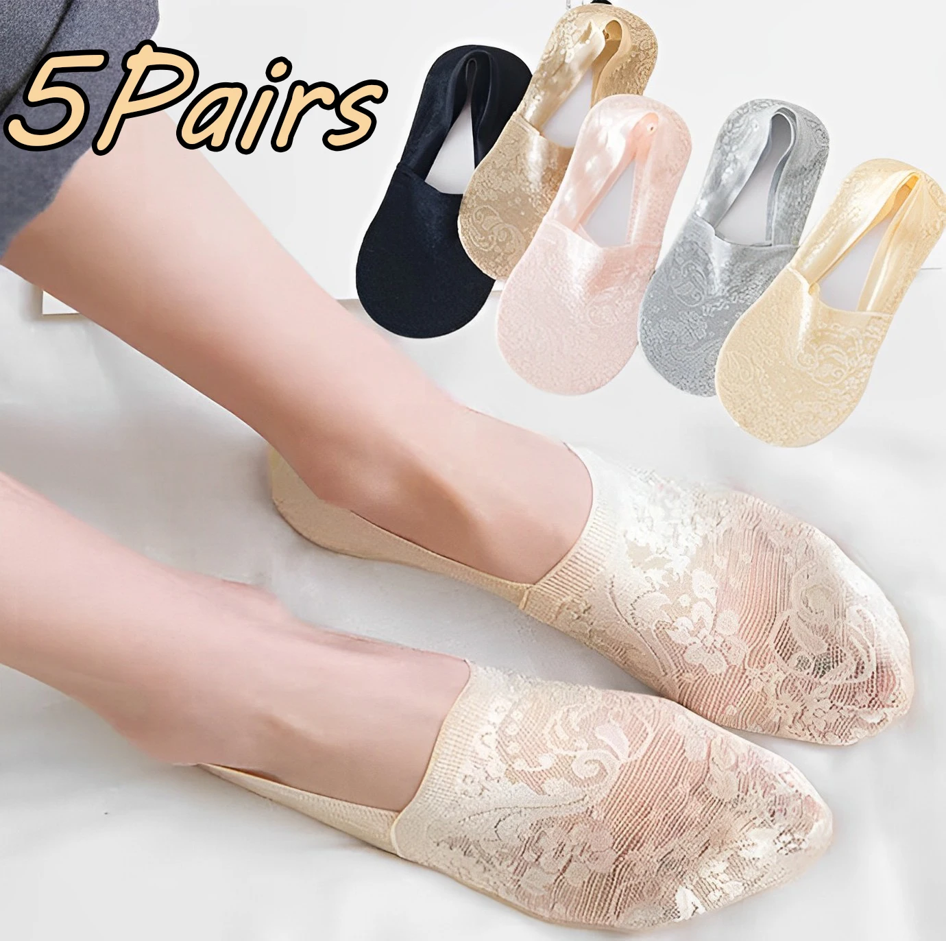 5Pairs Lace Flower Short Socks Women Cotton Hollow Boat Socks Summer Silicone Non-slip Ankle Socks Invisible No Show Short Socks