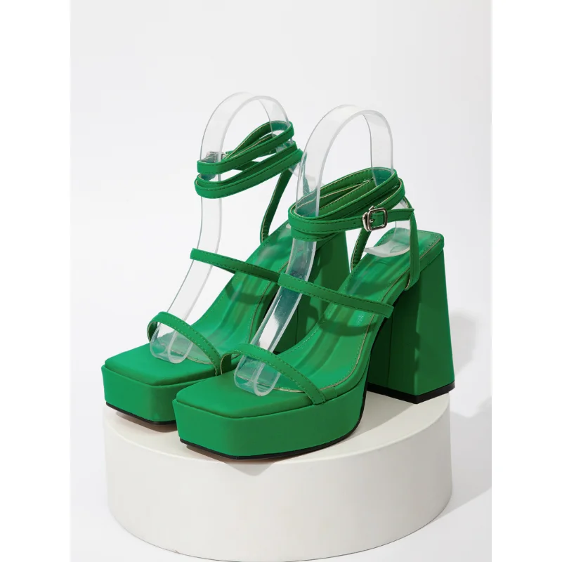 2023 New Trendy Summer High Heeled Sandals Sauare Ope Toe Shiny Women Sexy Party Club Dress Buckle Strap Shoes