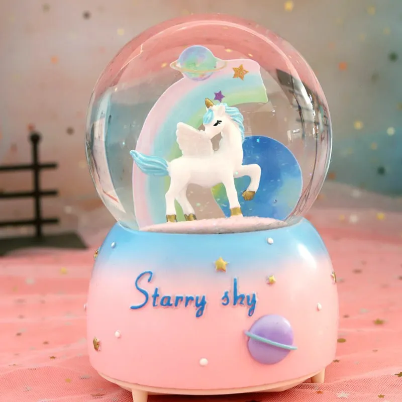 

Crystal Ball Music Box Girl Heart Unicorn Luminous Snowflake Music Box Girlfriend Birthday Gift Resin Ornament Snow Globe