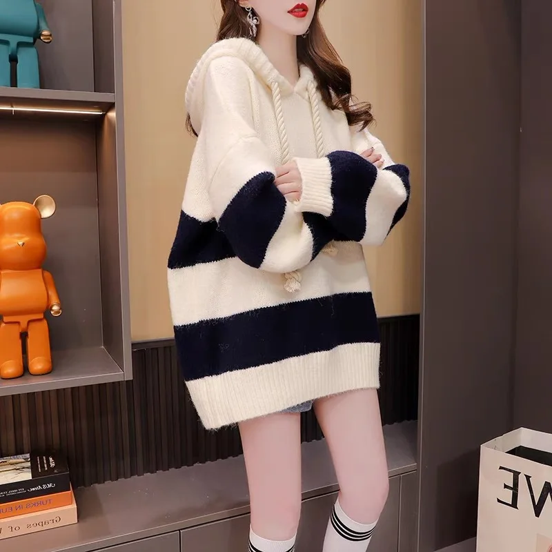 

Винтажный свободный свитер с капюшоном Женская Новинка 2022 осеннее вязаное пальто в полоску