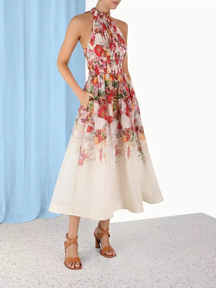 

2023 Latest Spring Top Quality Linen Silk Floral Printing Gradient Halter Elastic Waist Midi Dresses Women