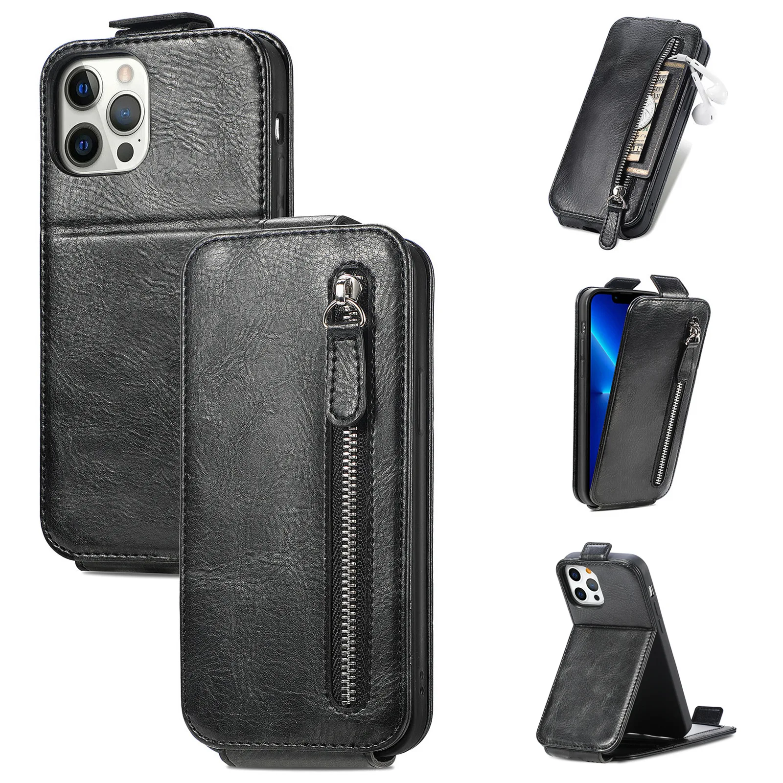 

Up and Down Flip Phone Case for IPhone 13 12 Mini 11 Pro Max XR X XS Max 8 7 6 6s Plus Vertical Zipper Card Holder Leather Cover