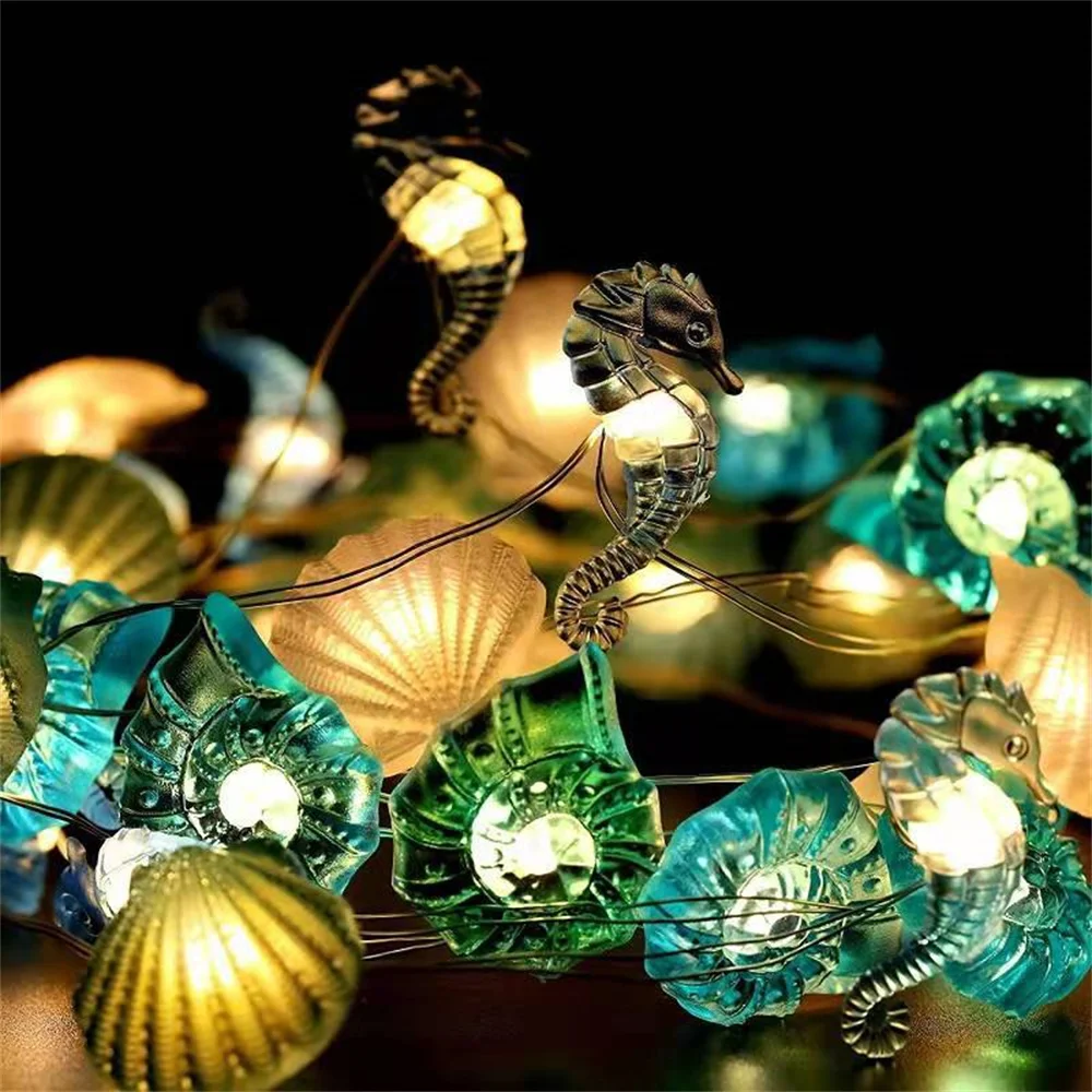 2M Ocean Theme Party Decoration Led String Lights Seahorse Shell Marine Battery String Lamp Birthday Party Home Decor Kids Toy