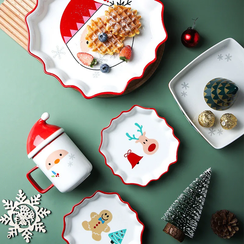 

Christmas Series Ceramic Tableware Santa Claus Mugs Snowman Christmas Tree Dessert Plate Cute Small Dish Cake Pan Ceramic Plate