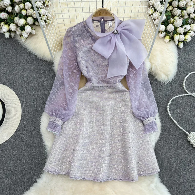 

Elegant French Vintage Princess Purple Mini Dress New Fashion Stand Collar Big Bow Mesh Patchwork Long Sleeve A Line Party Dress