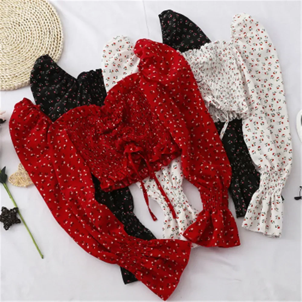 

Новинка лета 2020, стильная шифоновая рубашка с открытыми плечами и цветочным принтом, облегающий короткий топ с длинным рукавом, женская мод...