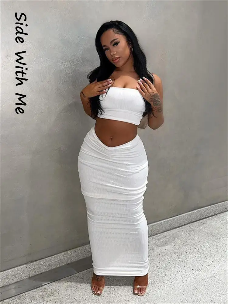 

Side with Me Sexy Strapless Tops&Long Skirt Two Piece Set Women 2022 Summer Party Folds Backless Black White Women's Suit