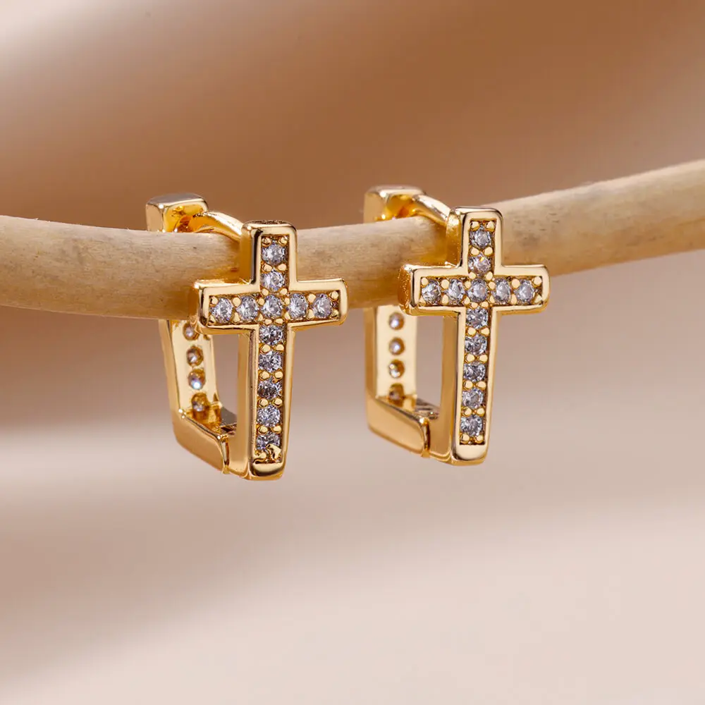 

Gold Color Cross Earrings for Women Stainless Steel Hoop Earrings 2023 Trending Goth Punk Piercing Jewelry aretes pendientes