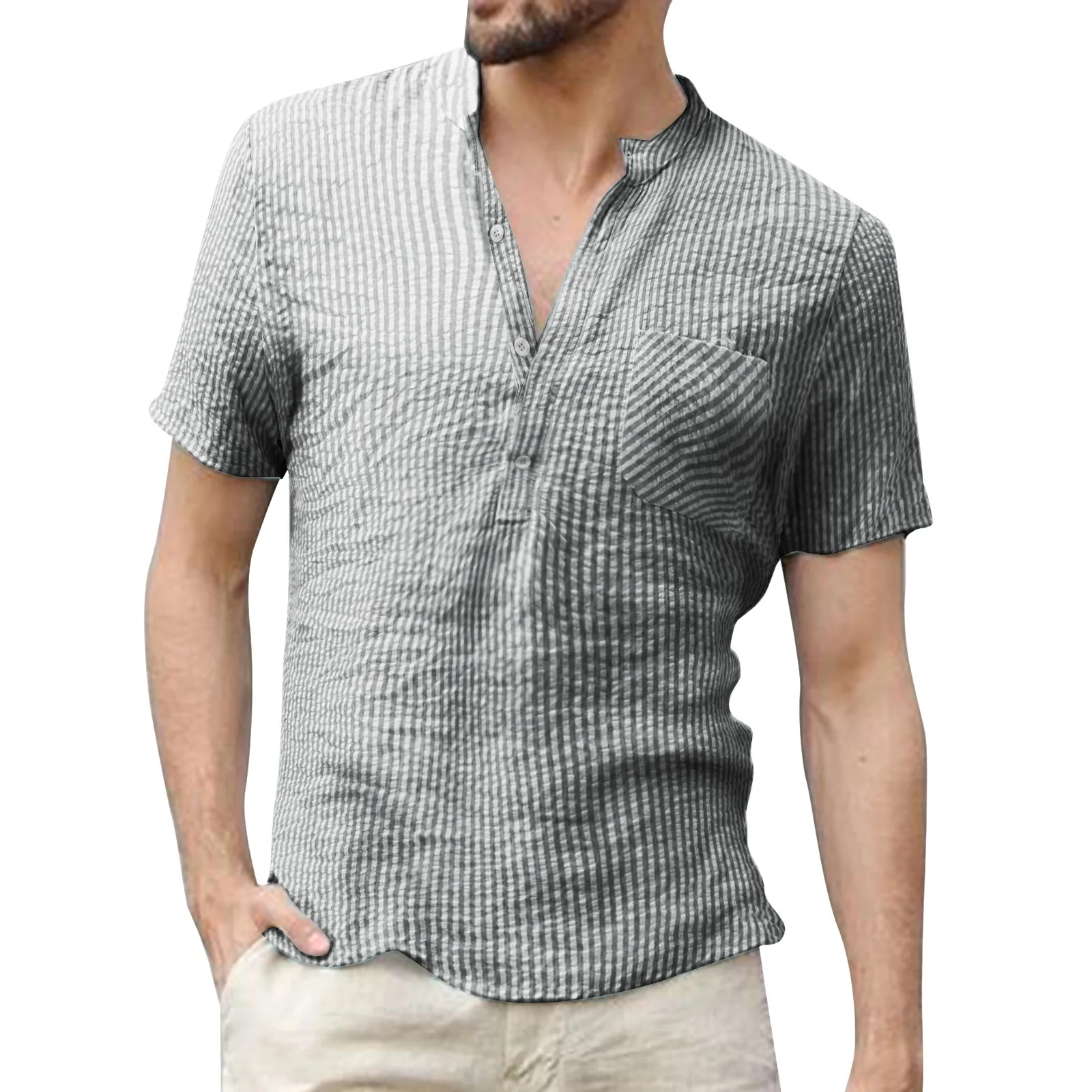 

Casual Fitted Dress Men Fashion Casual Top Shirts Linen Striped Collar Pocket Short Sleeve Shirt Fashion Men Athletic Tee Shirts